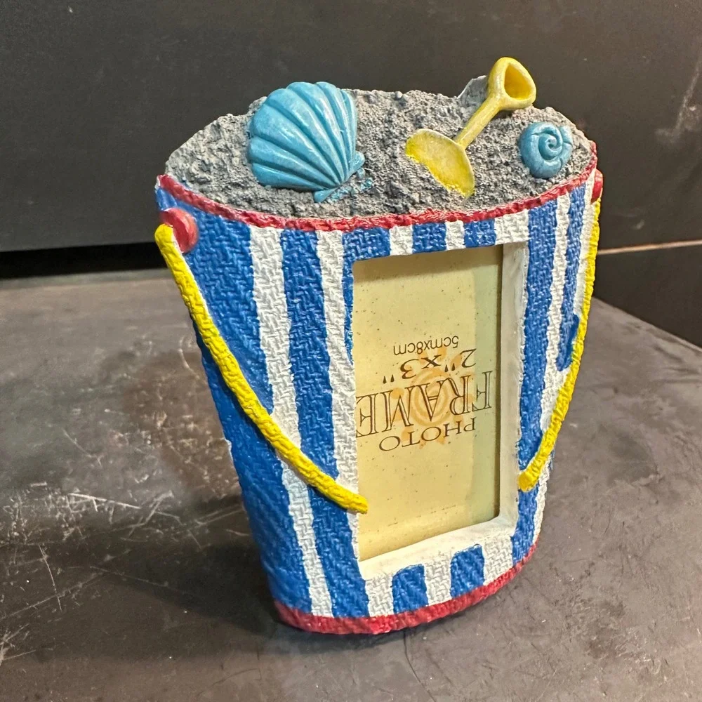 Beach Bucket Photo Frame Shell Sand‎ Shovel Nautical Coastal Decor 2x3
